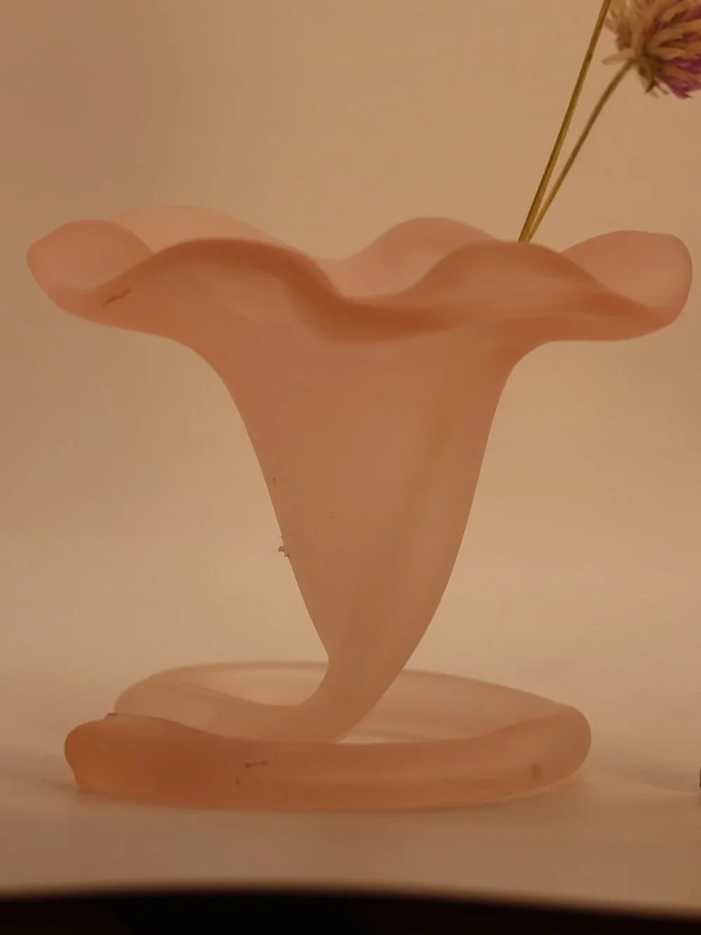 Vintage Pink Frosted Satin Art Glass Lily Trumpet Vase w/Swirled Stem